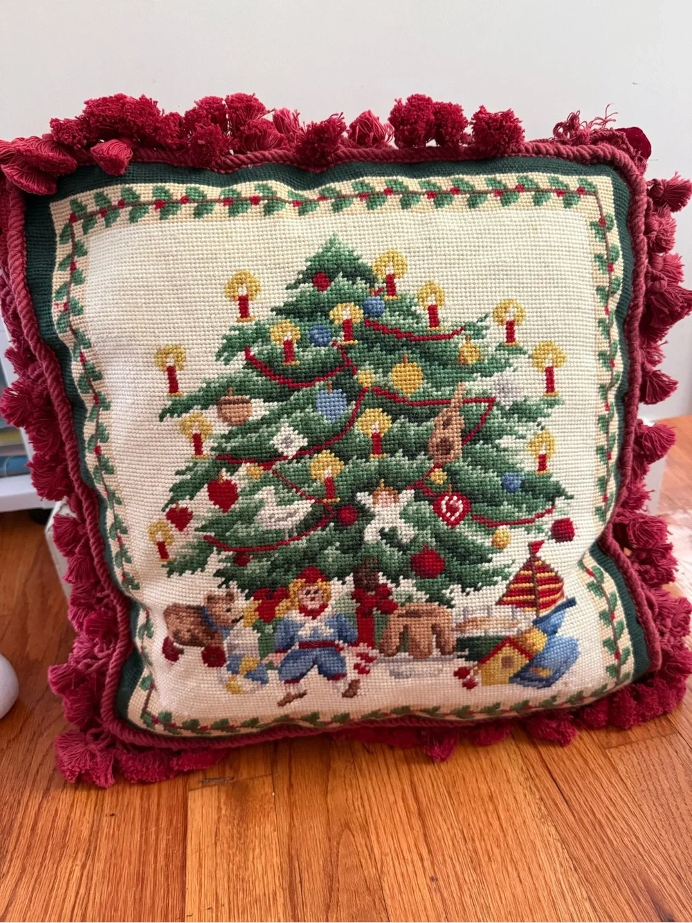 Vintage Christmas Tree Toys Under the Tree Needlepoint Pillow Red Velvet Back